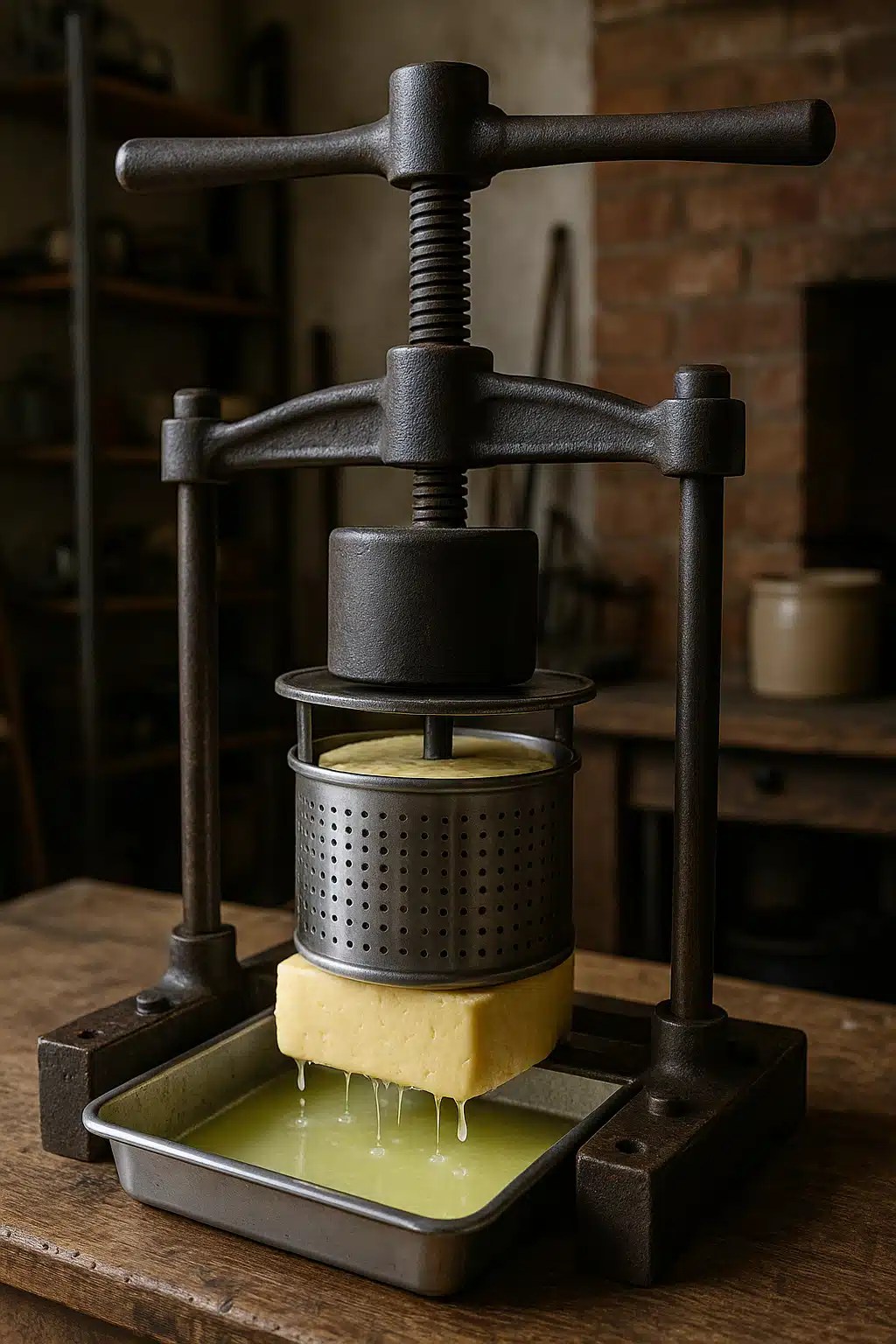 Cheese press with cylindrical mold and weight system pressing fresh cheddar, whey dripping into collection tray, workshop setting, practical demonstration angle