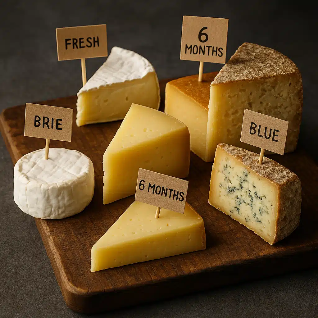 Variety of artisan cheeses at different aging stages displayed on rustic wooden board with labels indicating age and type, educational cheese tasting setup, professional food photography styling