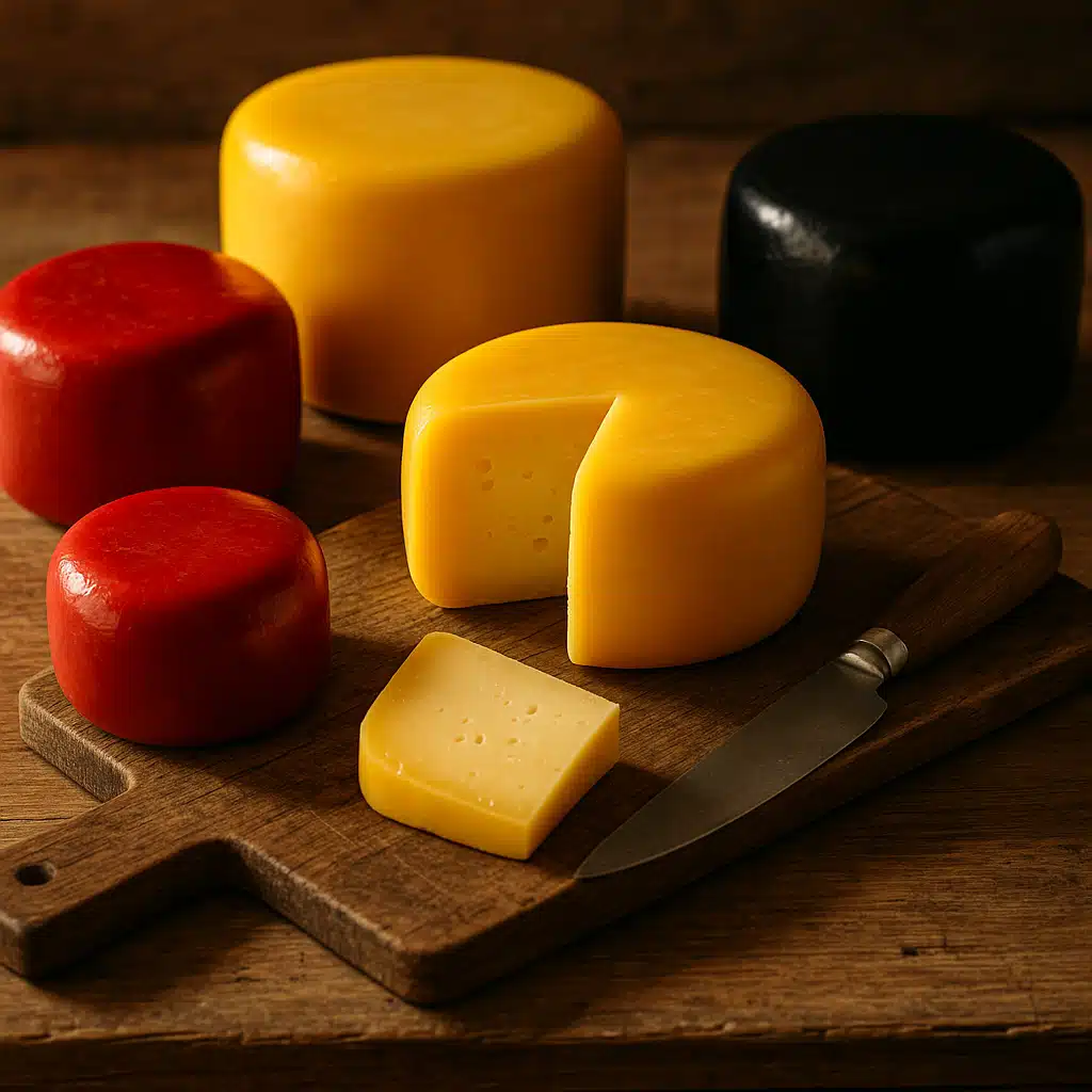 Beautiful display of various waxed cheese wheels in red, yellow and black wax arranged on rustic wooden table with cheese knife and cutting board, inviting presentation, warm natural lighting