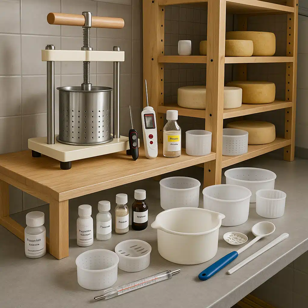 Complete home cheesemaking station with cheese press, thermometers, pH meter, cultures, molds, and other equipment neatly organized on shelving, well-lit workspace with cheese aging area visible in background