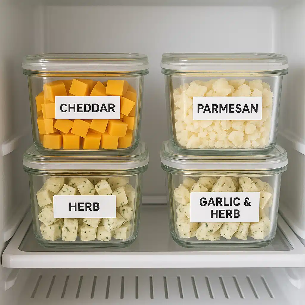 Organized refrigerator shelf with labeled glass containers of various flavored cheeses, clean and well-maintained food storage, professional home kitchen organization