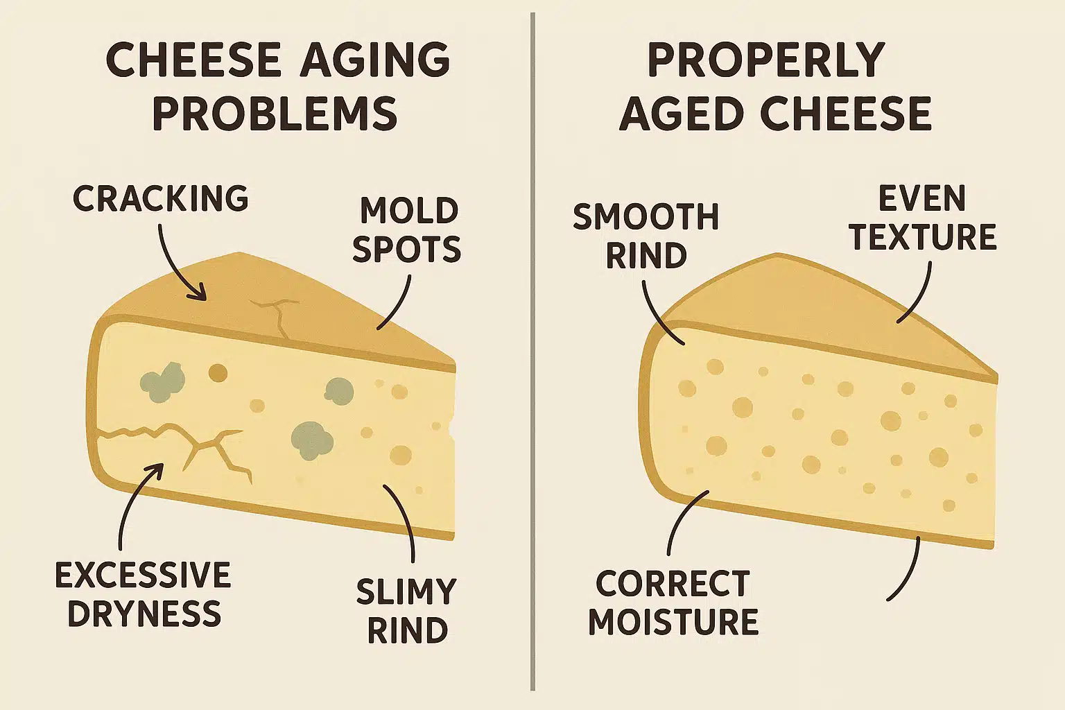 Split comparison showing common cheese aging problems on left and properly aged cheese on right, educational illustration with labels indicating issues and solutions, clean graphic design