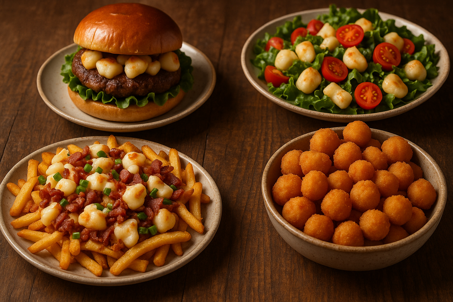 Variety of dishes featuring cheese curds including loaded fries, fried cheese curds, salads, and burgers, appetizing food styling with multiple plates arranged on a rustic table, warm inviting lighting