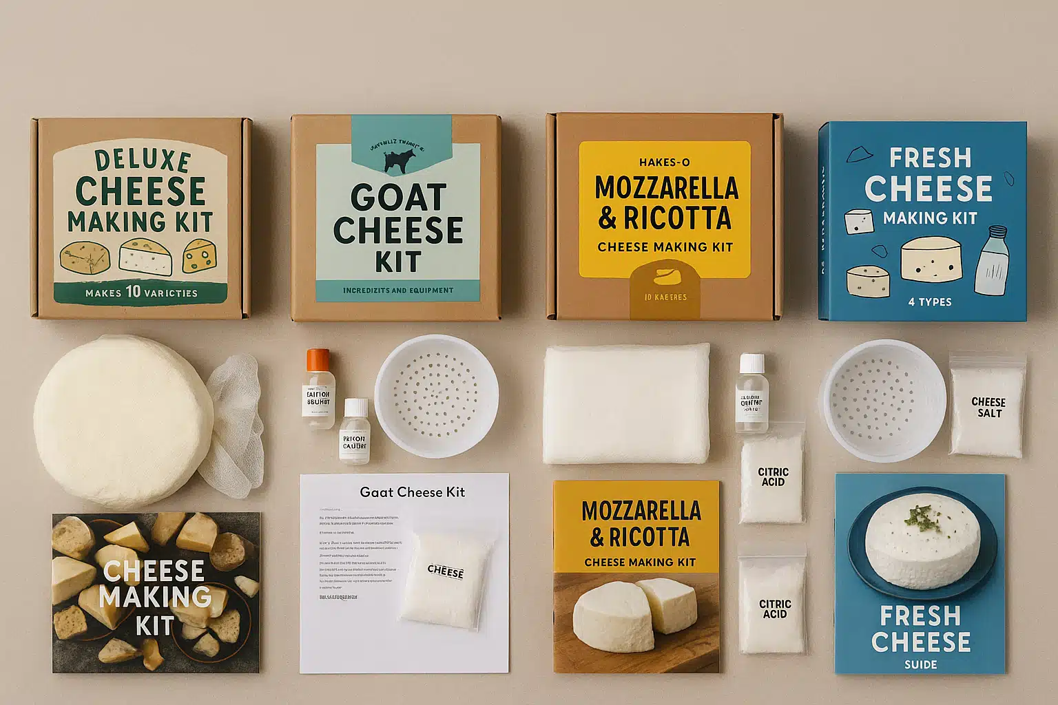 Top-down view of several different cheese making kits side by side for comparison, showing packaging, contents, and included materials on neutral background