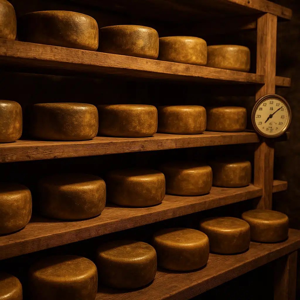 Wooden shelving with multiple wheels of waxed cheddar cheese aging, temperature and humidity gauge visible, dim cellar lighting, traditional cheese cave atmosphere