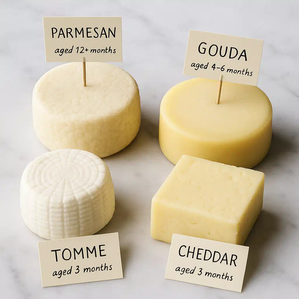 Selection of young cheeses in various shapes and sizes ready for aging, displayed with labels indicating variety and intended aging duration, professional food styling on marble surface