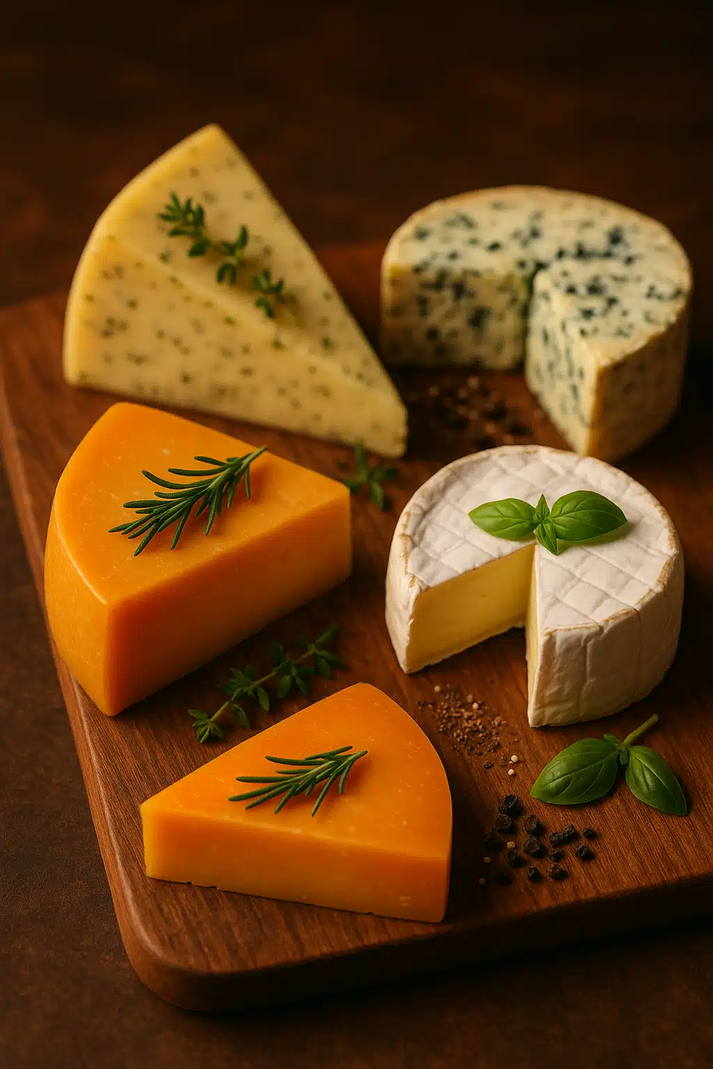 Artistic arrangement of different flavored cheese varieties garnished with corresponding herbs and spices, elegant cheese board presentation, professional food styling, warm ambient lighting