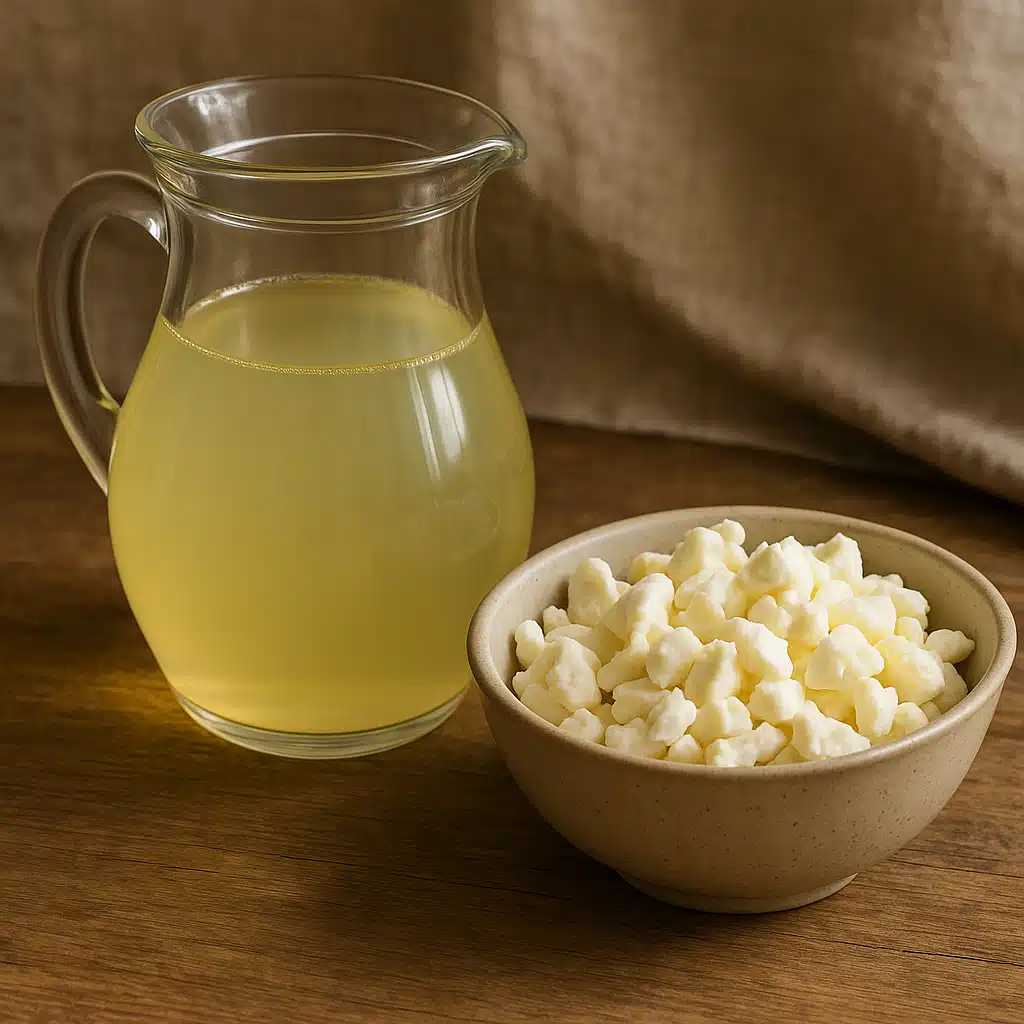 Clear glass pitcher filled with pale yellow whey next to a bowl of fresh cheese curds, natural kitchen setting with soft lighting highlighting the liquid's clarity and golden color