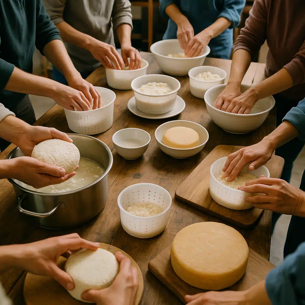 Hands of multiple people at a cheese making workshop, collaborative atmosphere, various stages of cheese making visible on different work surfaces, educational community setting