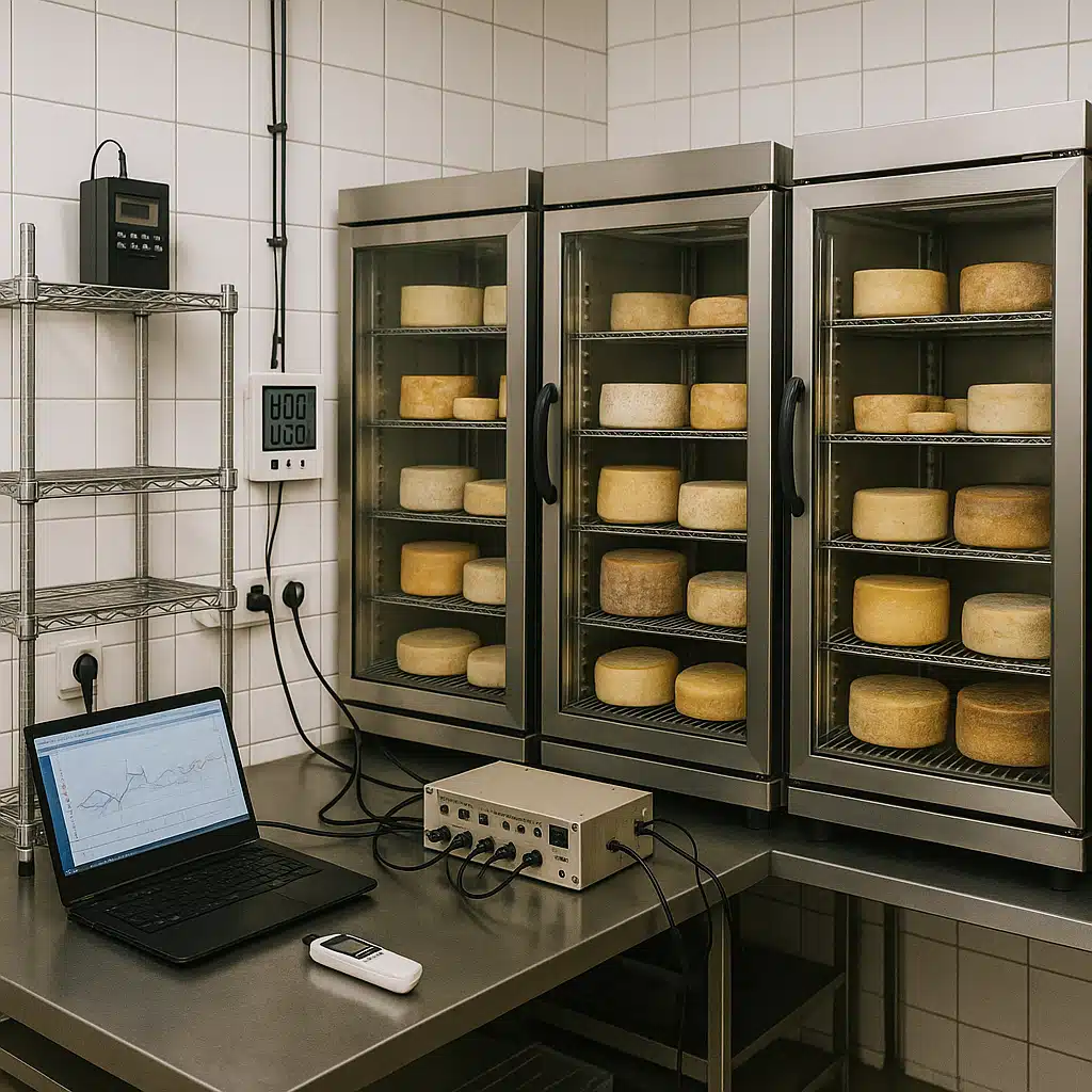 Advanced home cheese aging setup with multiple chambers, data logging equipment, and extensive collection of aging cheeses at various stages, professional workshop environment with organized layout
