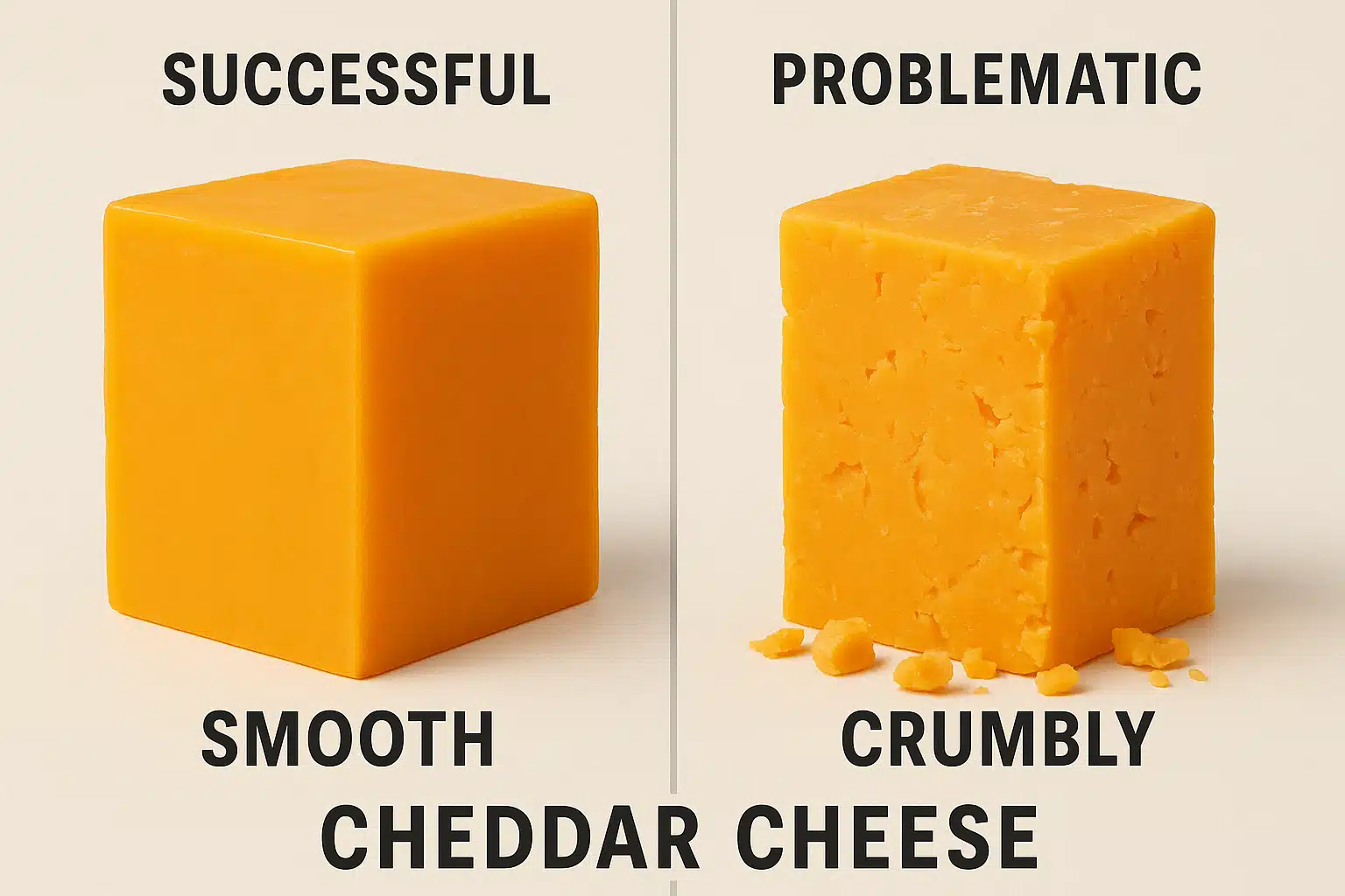Split comparison image showing successful smooth-textured cheddar on left versus problematic crumbly cheese on right, educational side-by-side format, clear labeling, neutral background
