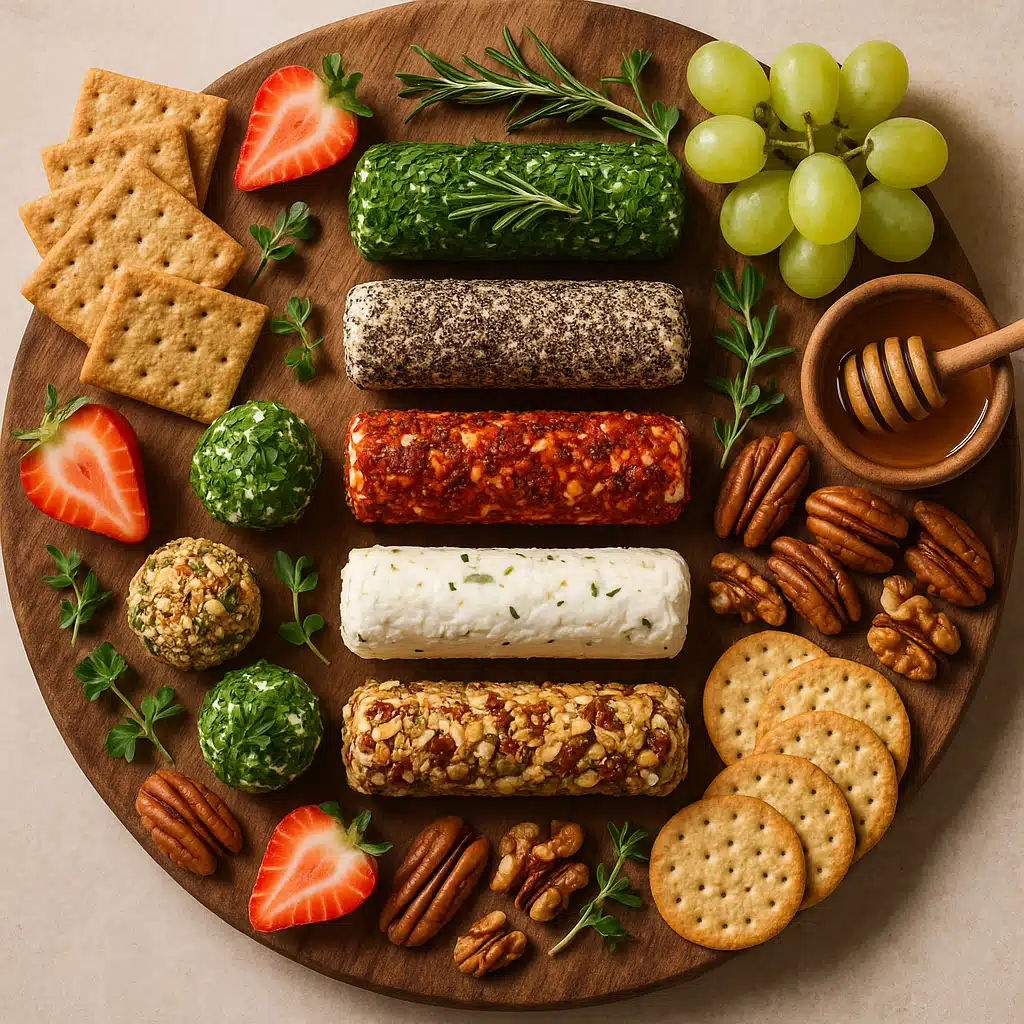 Elegant cheese board with various flavored cheese logs and balls garnished with herbs, surrounded by crackers, fresh fruit, nuts, and honey, rustic wooden board, overhead view, natural lighting