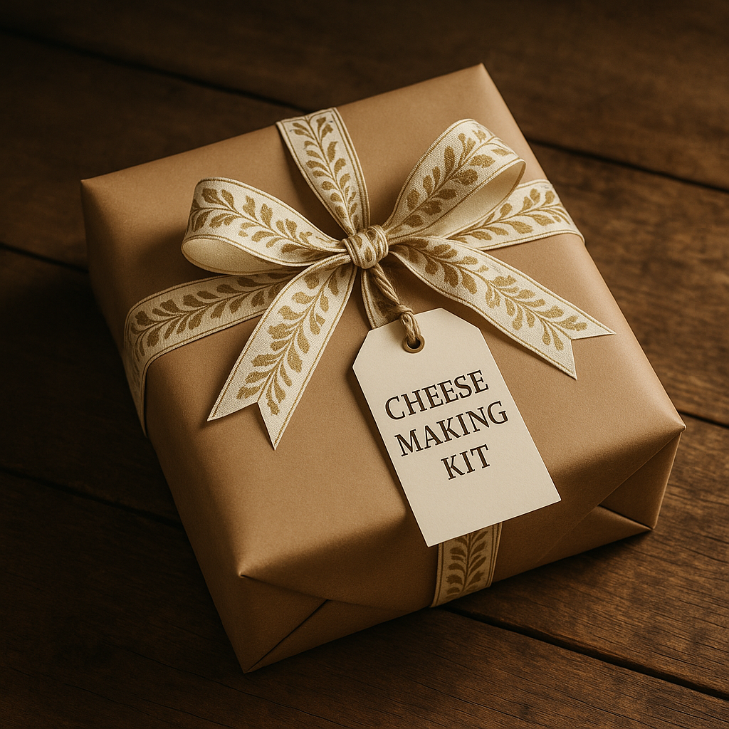 Beautifully wrapped cheese making kit with decorative ribbon and gift tag, elegant presentation on rustic wooden surface with soft lighting