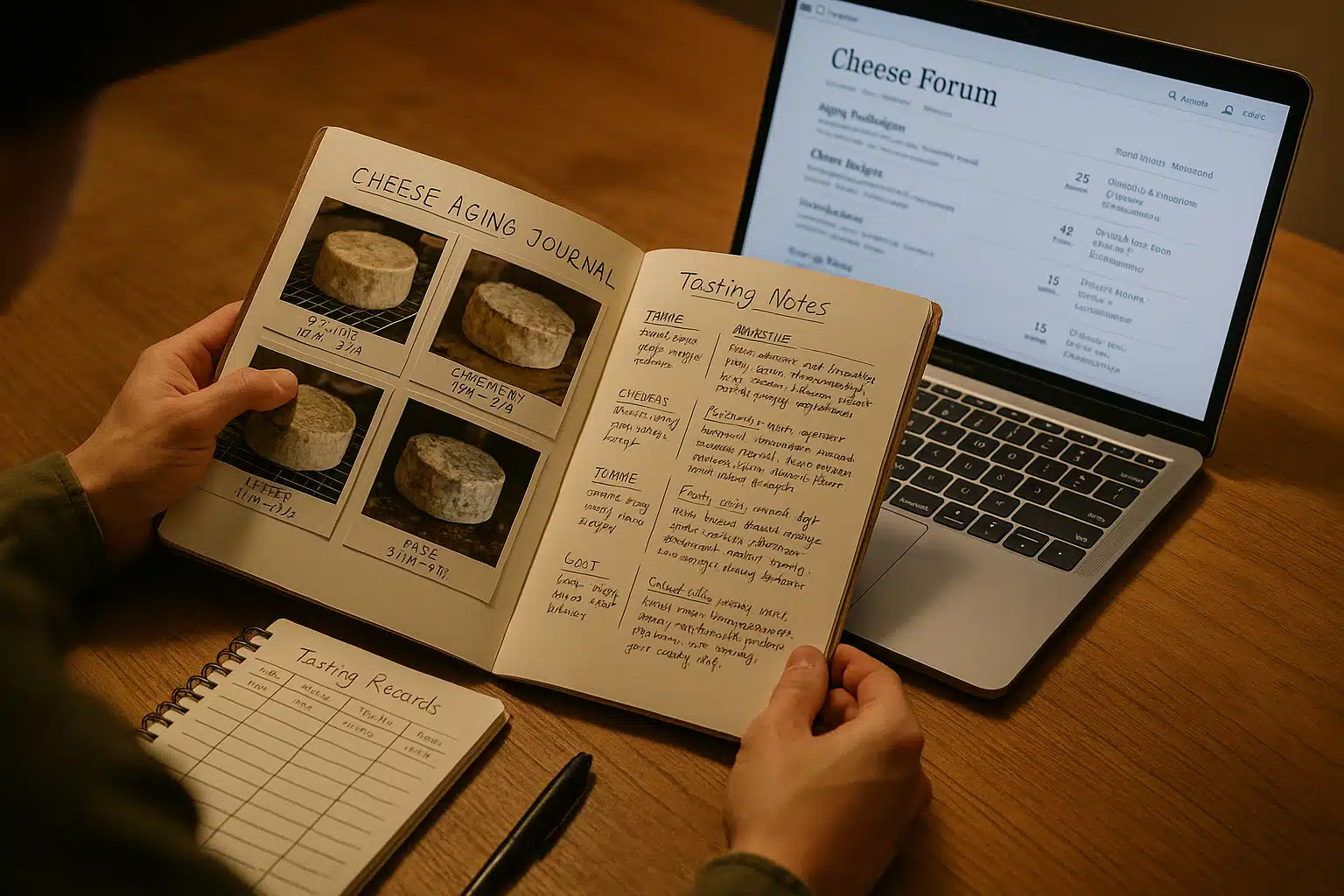 Person reviewing cheese aging journal with photographs, notes, and tasting records spread on table next to laptop displaying online cheese community forum, warm indoor lighting