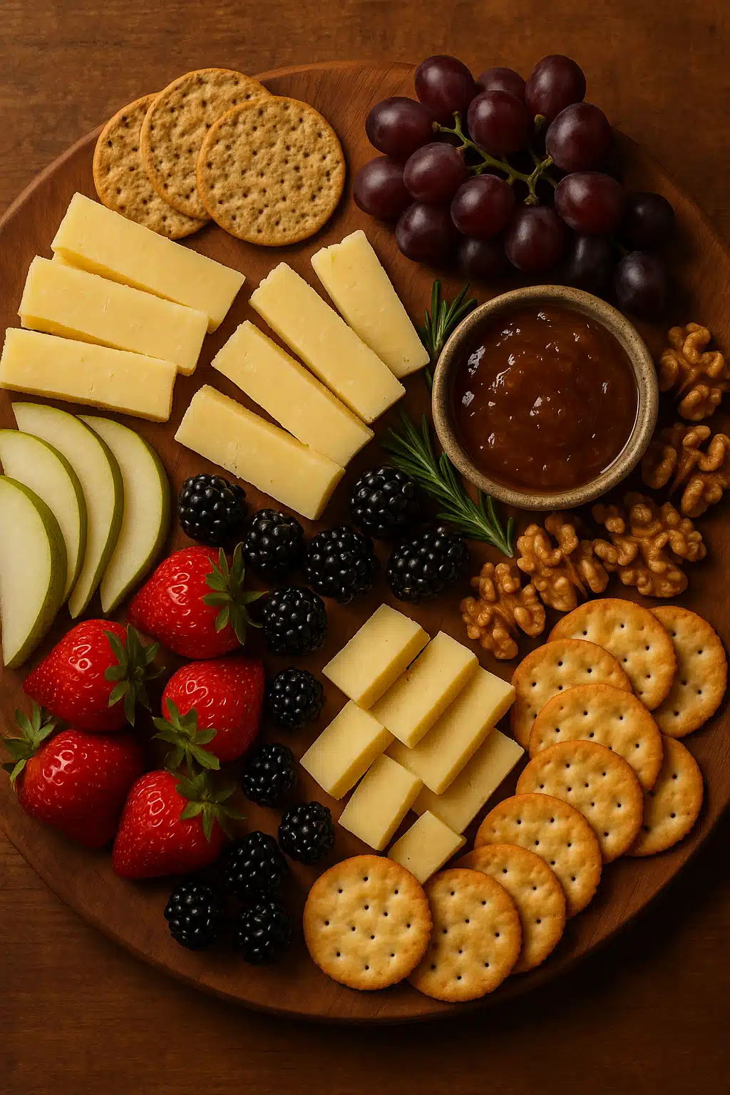 Artisan cheese board with sliced farmhouse cheddar, fresh fruit, crackers, and accompaniments, overhead view, natural wood board, appealing food styling, warm ambient lighting