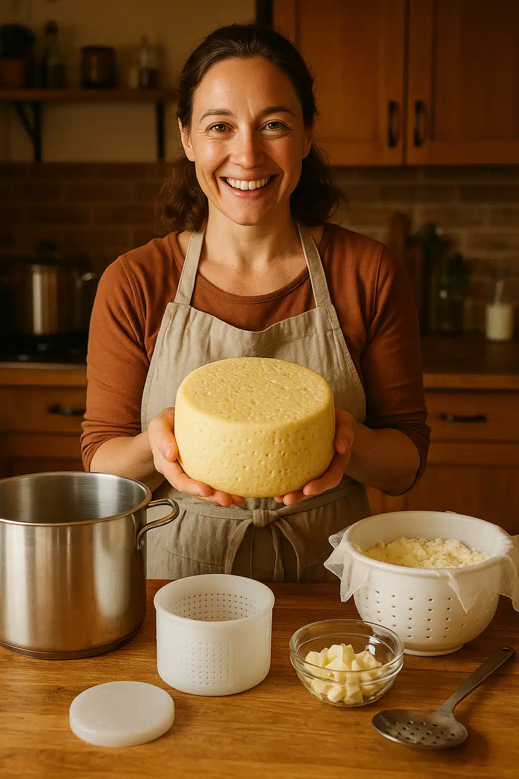 Person proudly displaying a wheel of homemade cheese they created, genuine smile of accomplishment, kitchen setting with cheese making equipment visible, warm and inviting atmosphere