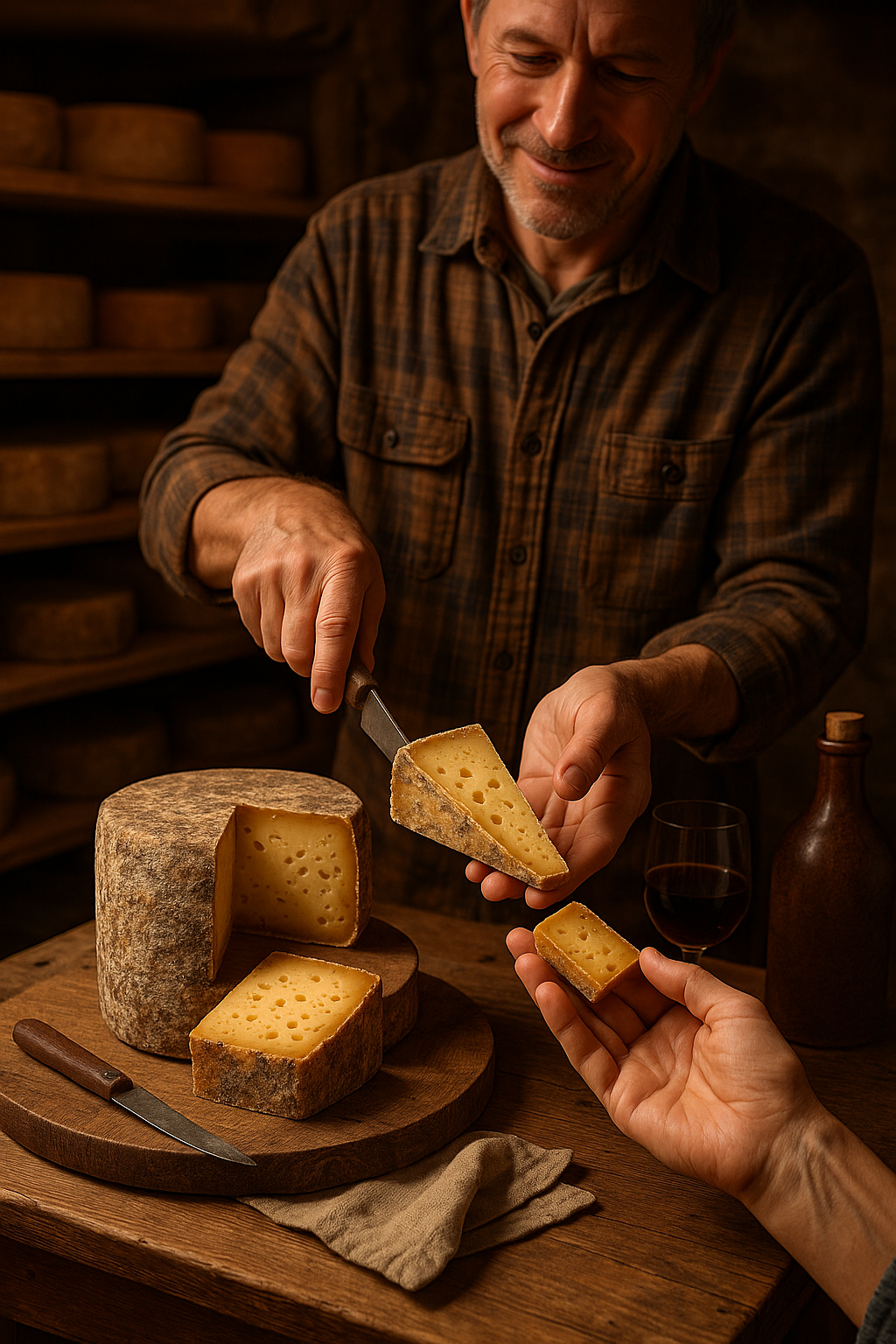 Person slicing and serving beautifully aged artisan cheese from home cheese cave, sharing with friends at rustic table setting, warm ambient lighting conveying satisfaction and accomplishment