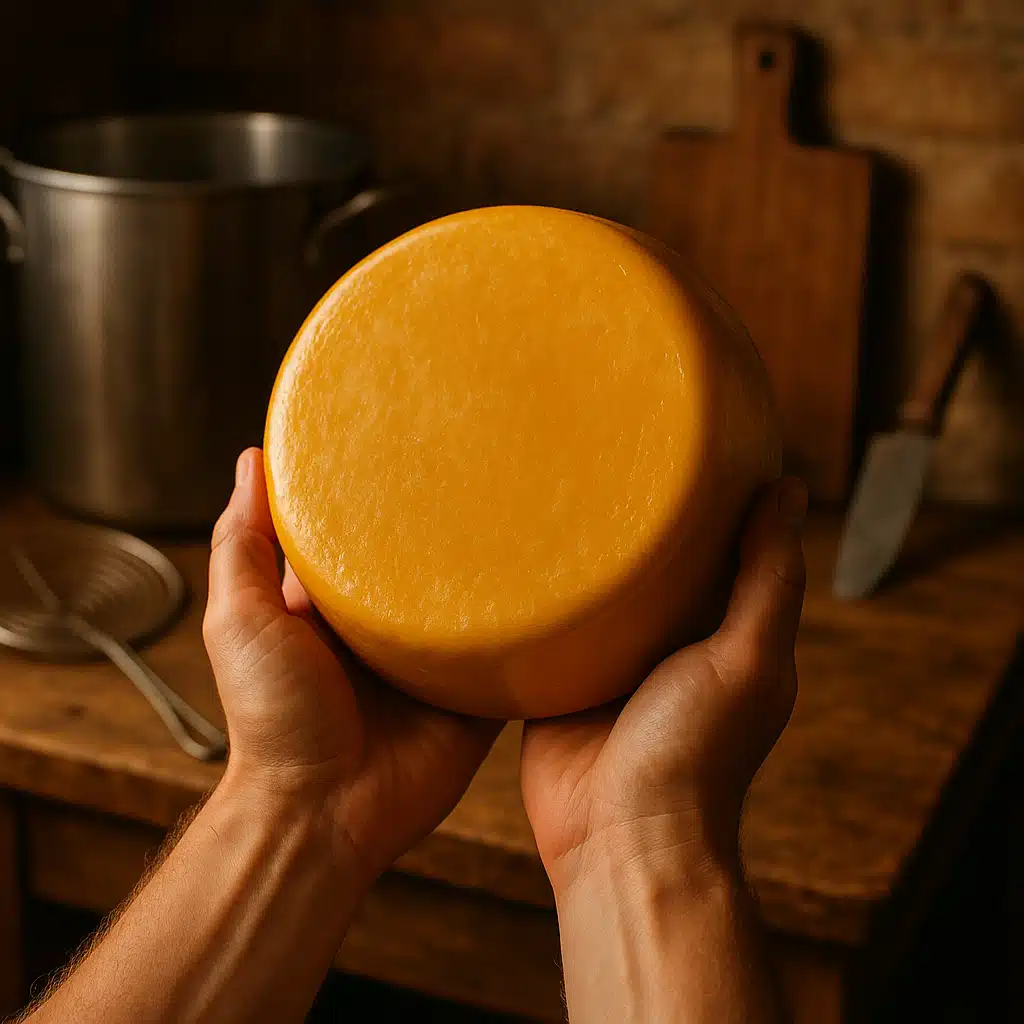 Hands holding a perfect wheel of finished farmhouse cheddar cheese with golden wax coating, proud artisan presentation, warm kitchen background with cheese making tools visible, accomplishment and satisfaction mood