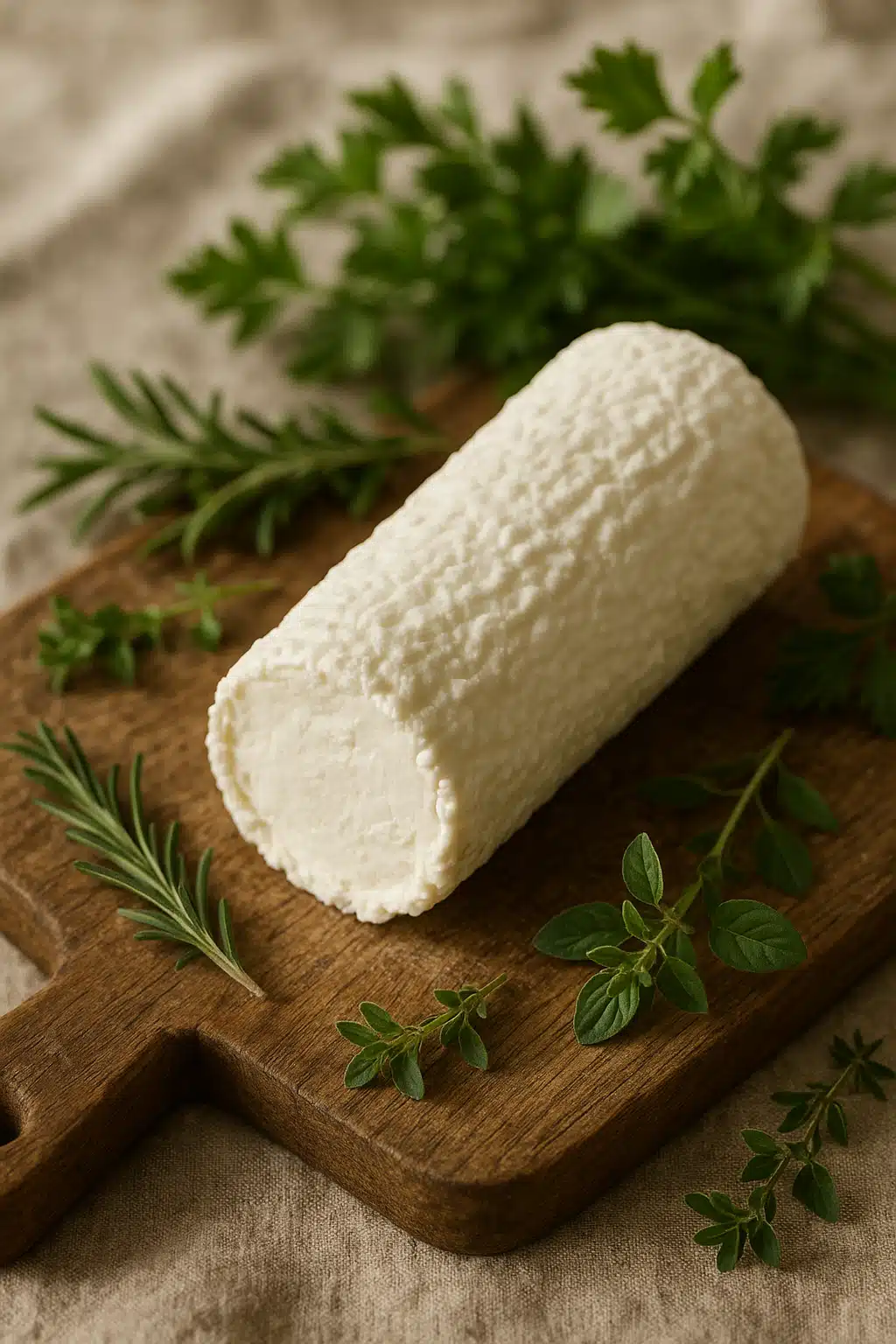 Creamy white fresh goat cheese chèvre on a rustic wooden board with herbs, soft natural lighting, artisanal homemade aesthetic