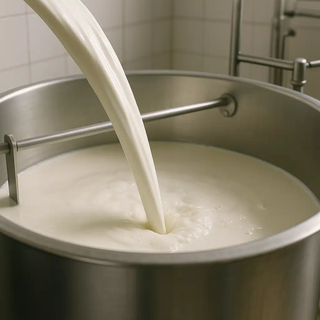 Close-up view of fresh white goat milk being poured into a stainless steel cheese-making vat, clean professional dairy setting with soft natural lighting