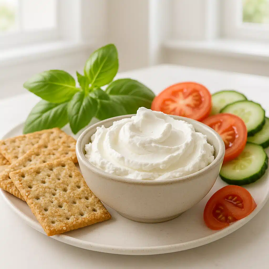Smooth spreadable goat cheese in a ceramic bowl next to fresh crackers and vegetables, bright kitchen setting, appetizing presentation
