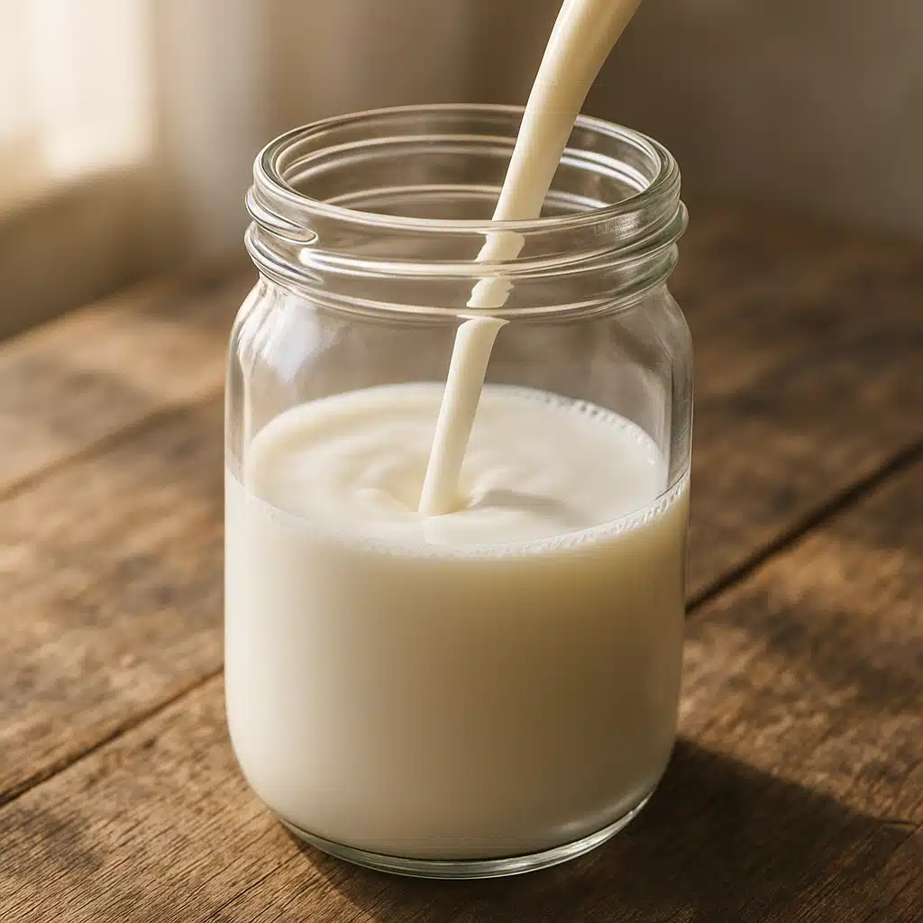 Close-up of fresh raw milk being poured into a clear glass container on a rustic wooden table, natural morning light, clean and wholesome aesthetic