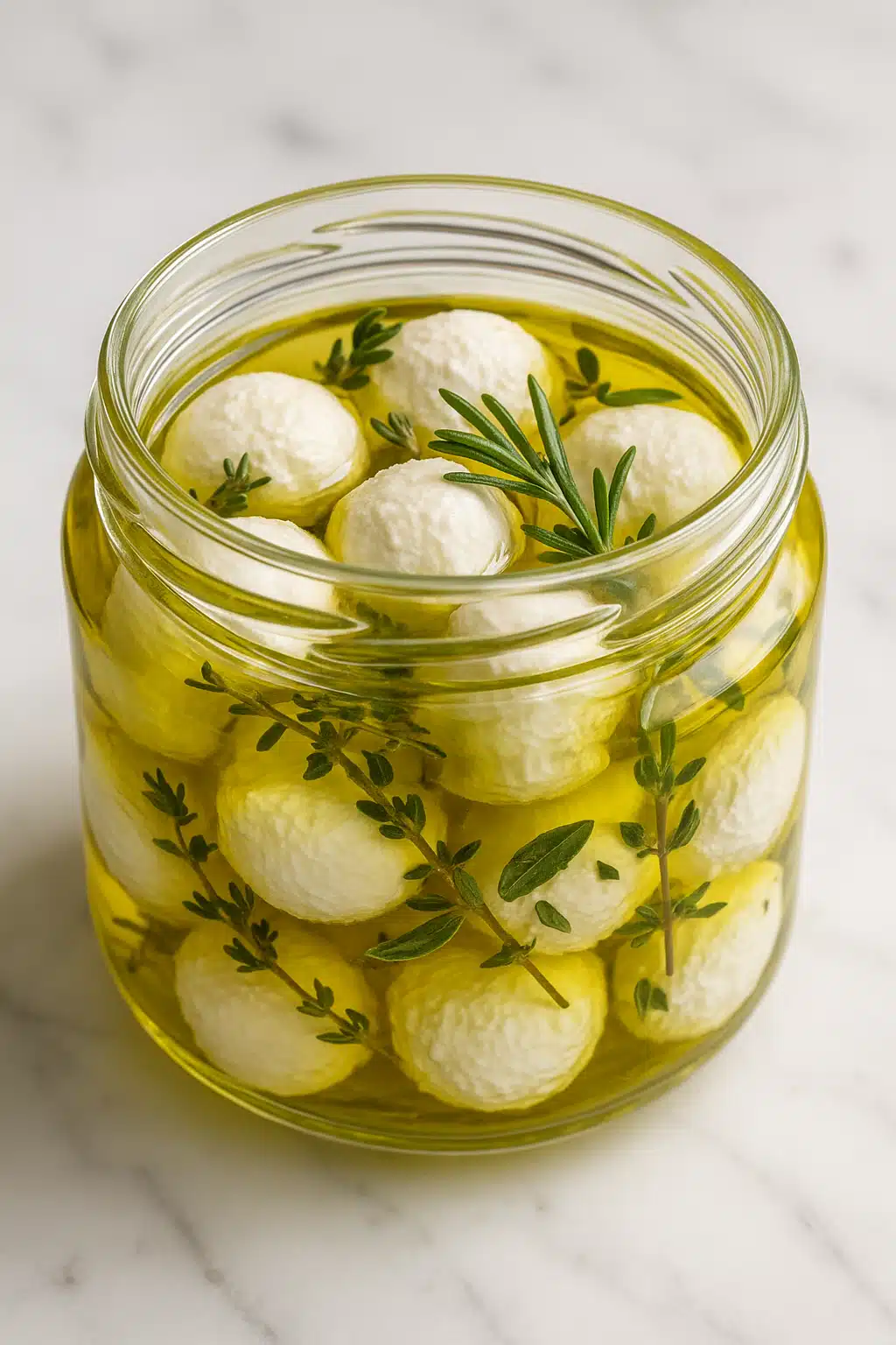 Elegant glass jar filled with creamy white goat cheese balls submerged in golden olive oil with fresh herbs, photographed on a marble surface with soft natural lighting, sophisticated food photography style