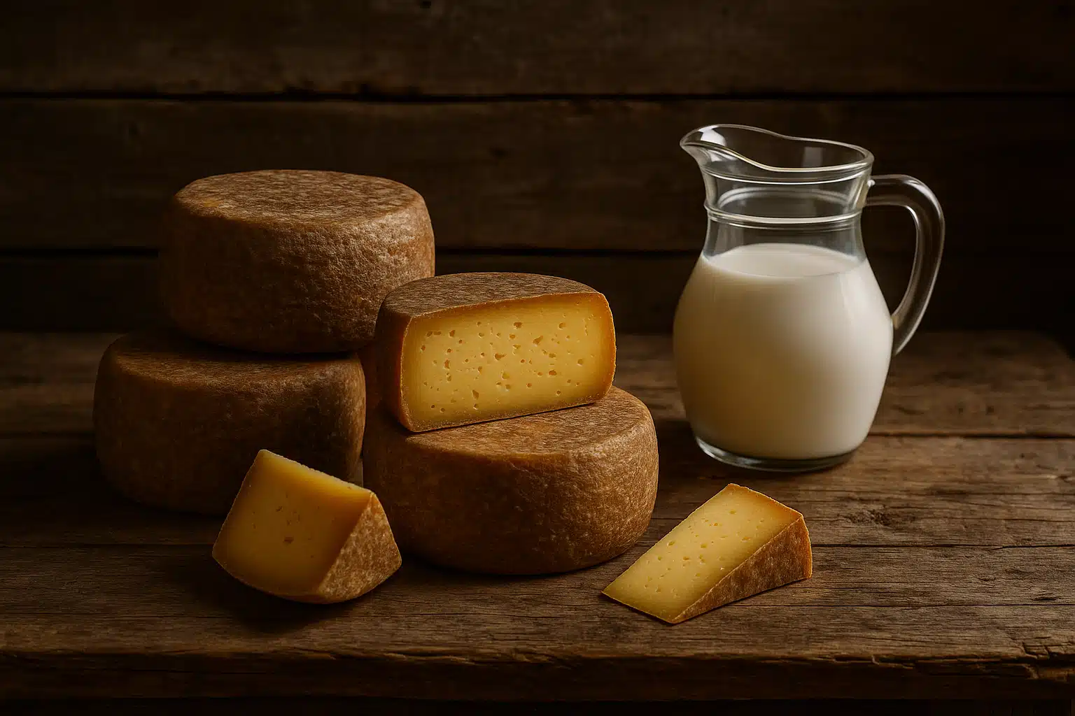 Rustic wooden table displaying wheels of aged sheep milk cheese with golden-yellow interior, accompanied by fresh sheep milk in a glass pitcher, natural lighting, artisanal and authentic atmosphere