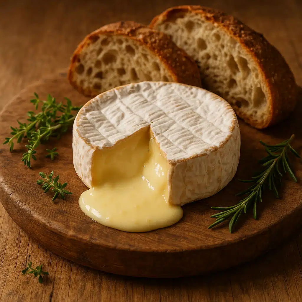 Rustic wooden board displaying a wheel of creamy Camembert cheese with characteristic white rind, partially cut to show the soft, oozing interior, surrounded by fresh herbs and artisan bread in warm, natural lighting