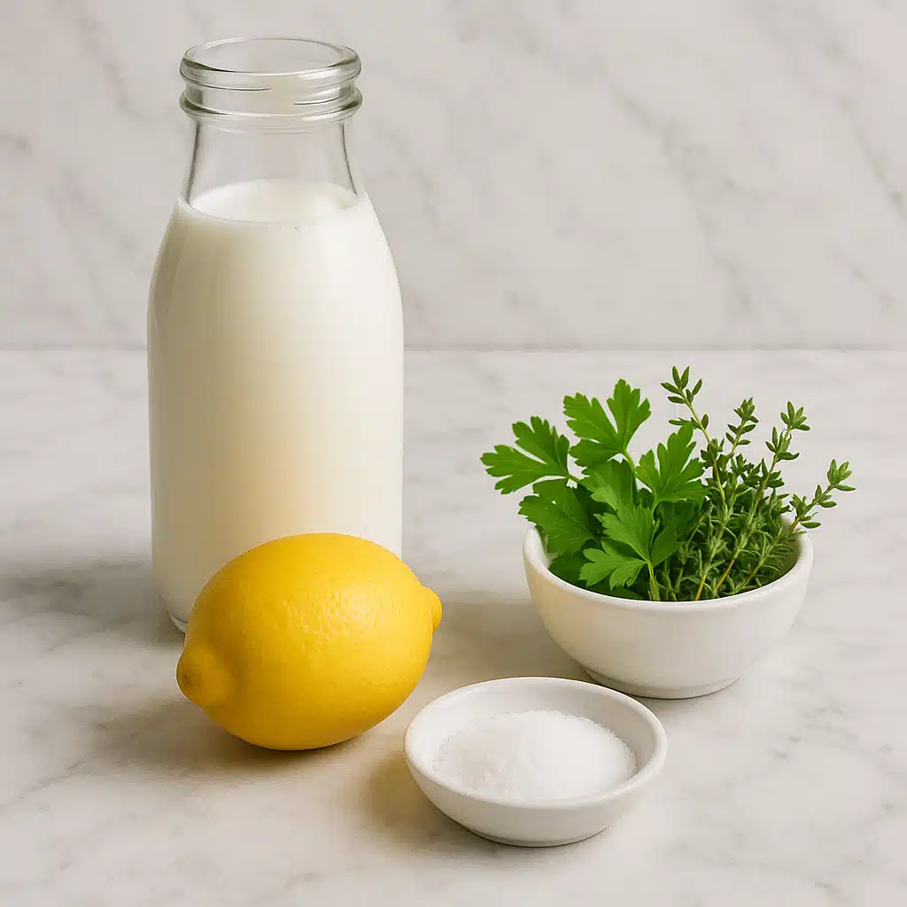 Ingredients for homemade cheese making laid out on marble countertop including milk bottle, lemon, salt, and fresh herbs, organized and clean presentation