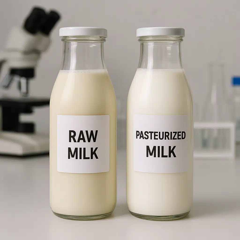 Side-by-side comparison of raw and pasteurized milk in identical glass bottles with informational labels, scientific laboratory setting with neutral background