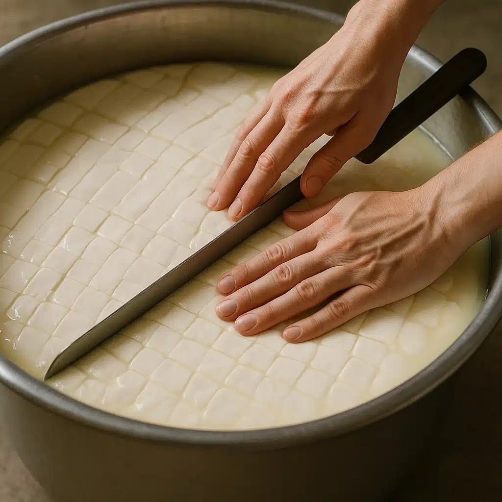 Hands gently cutting fresh white cheese curds in a stainless steel vat with a long cheese knife, demonstrating proper curd handling technique in artisan cheese making