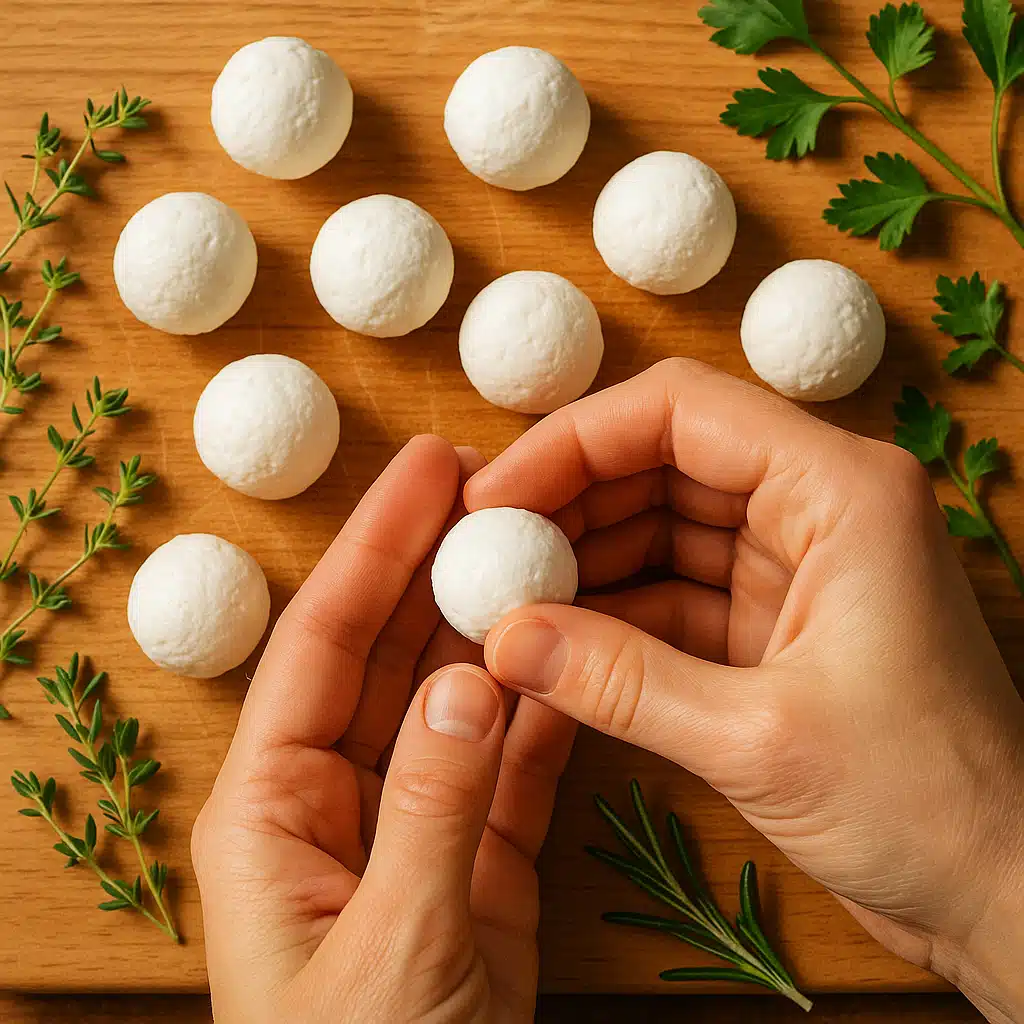 Close-up overhead view of hands rolling fresh white goat cheese into uniform balls on a clean wooden cutting board, kitchen preparation scene with herbs scattered around, warm natural lighting