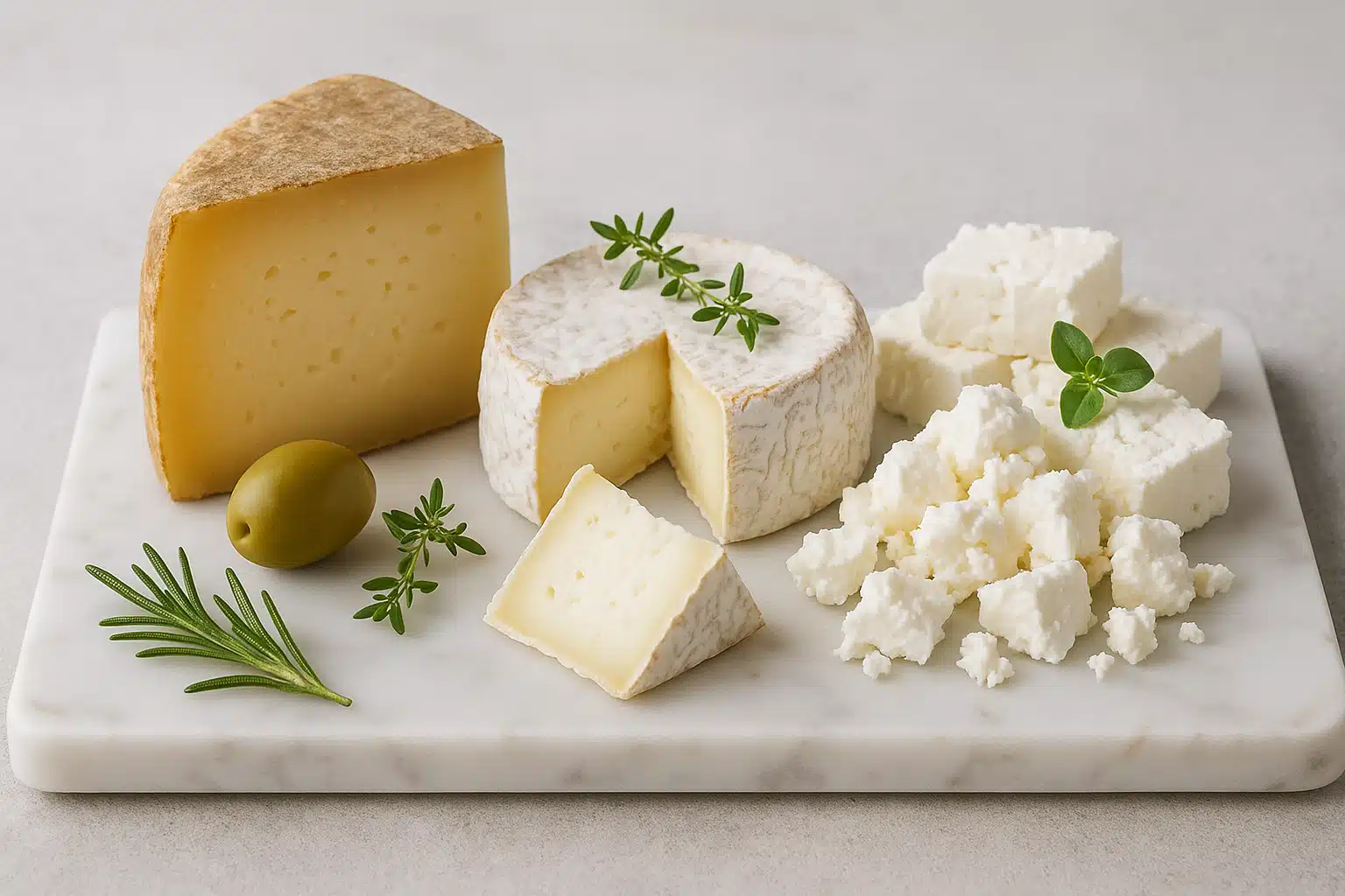 Assortment of different sheep milk cheeses displayed on a marble board including aged hard cheese, soft ripened cheese, and crumbly feta-style cheese, elegant presentation with herbs and accompaniments