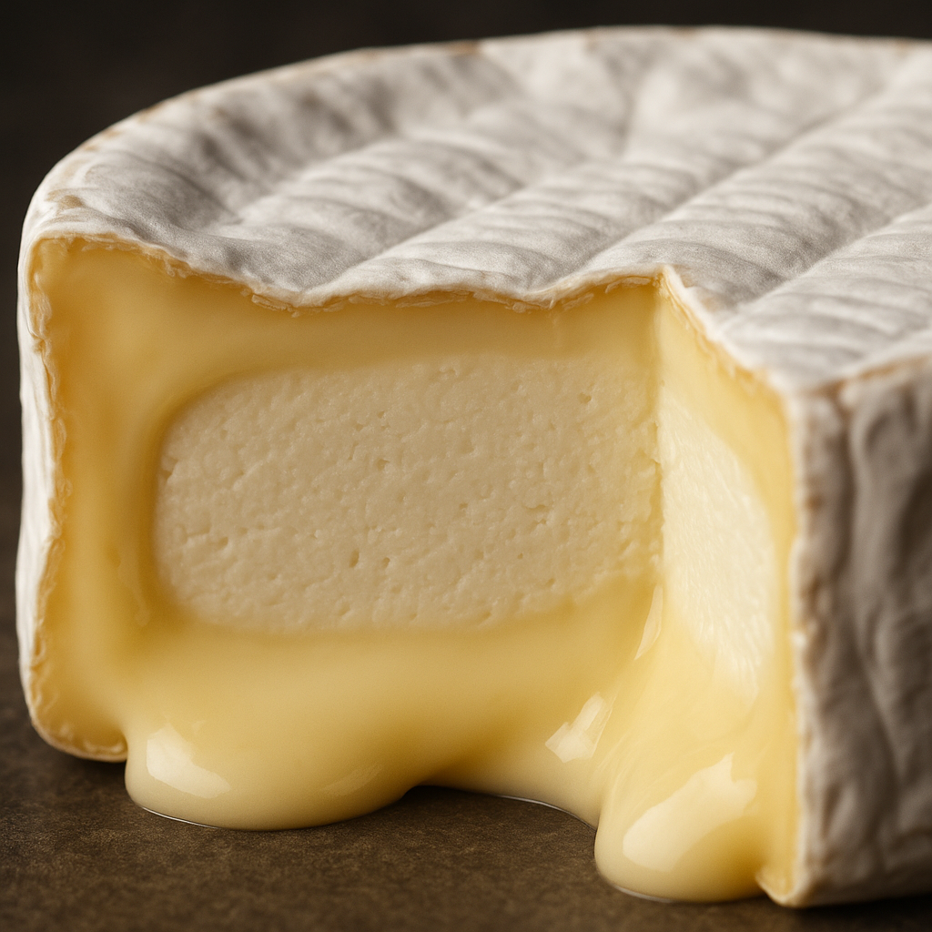 Close-up cross-section of Camembert cheese showing the progression of ripening from firm white center to creamy, flowing outer layer beneath the bloomy white rind, professional food photography style