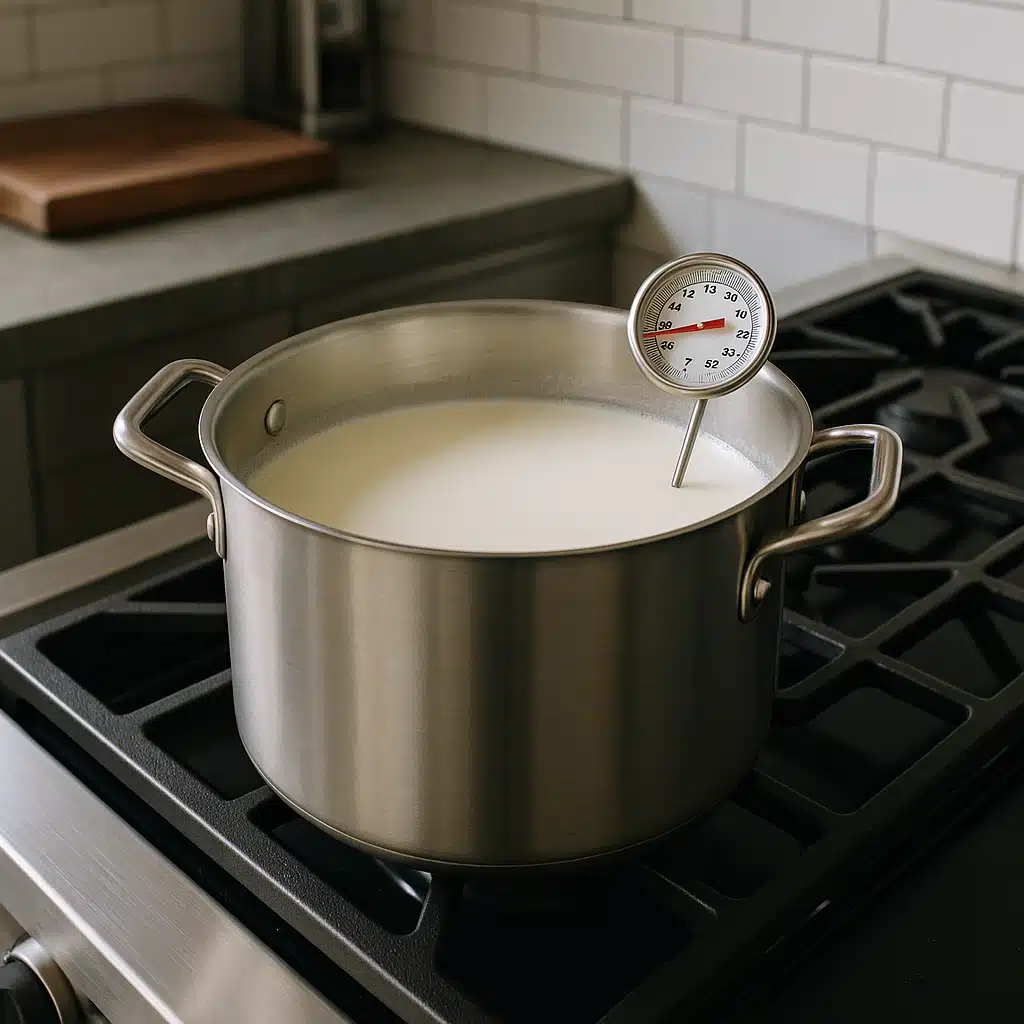 Cheese making process showing milk heating in stainless steel pot on stovetop with thermometer, professional home kitchen setting