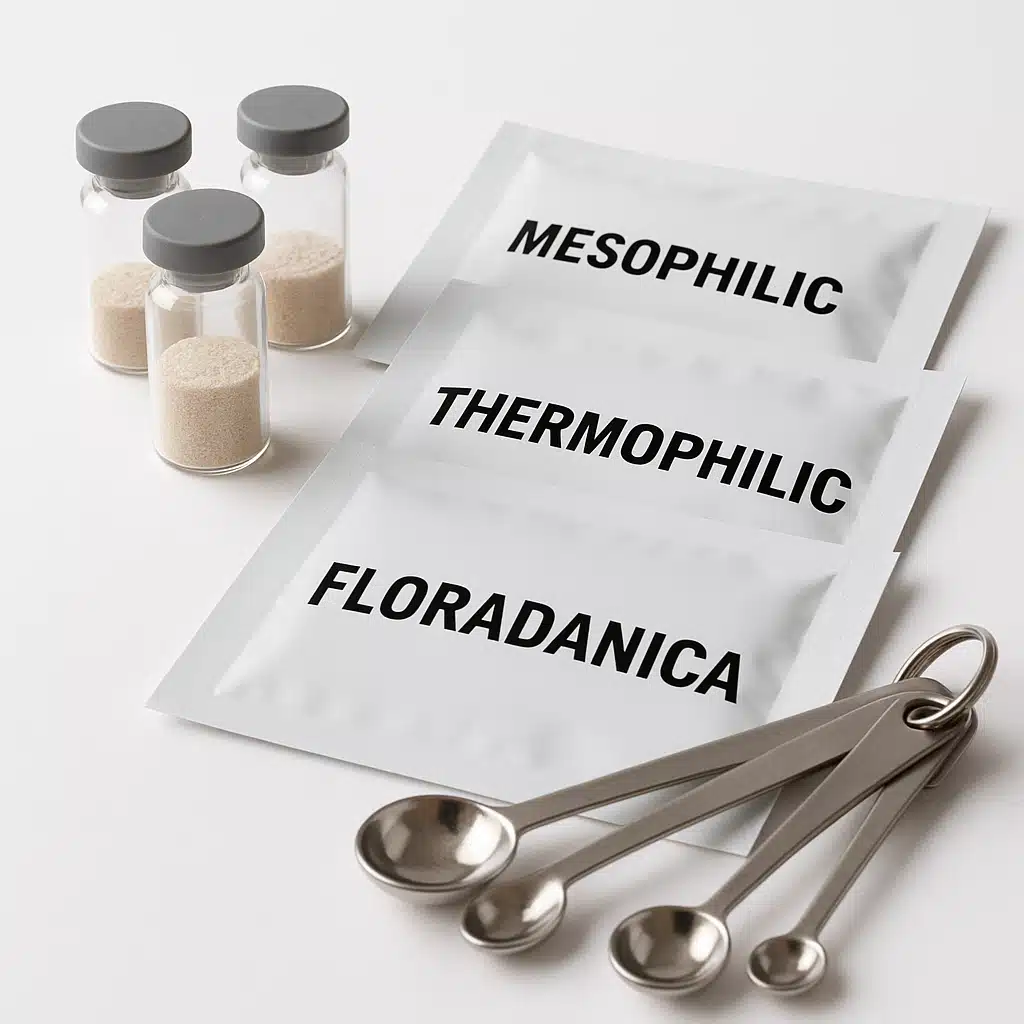 Small glass vials and packets of freeze-dried cheese making cultures arranged on a clean white surface with measuring spoons, professional cheese making supplies photography