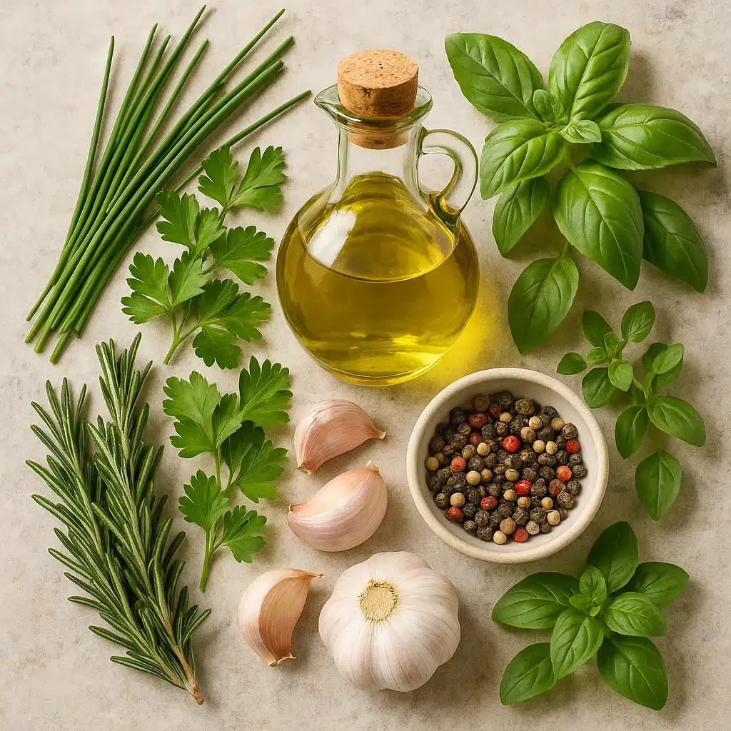Assortment of fresh herbs, olive oil bottle, garlic cloves, and peppercorns arranged on a rustic kitchen counter, ingredients for marinade preparation, bright and inviting food styling