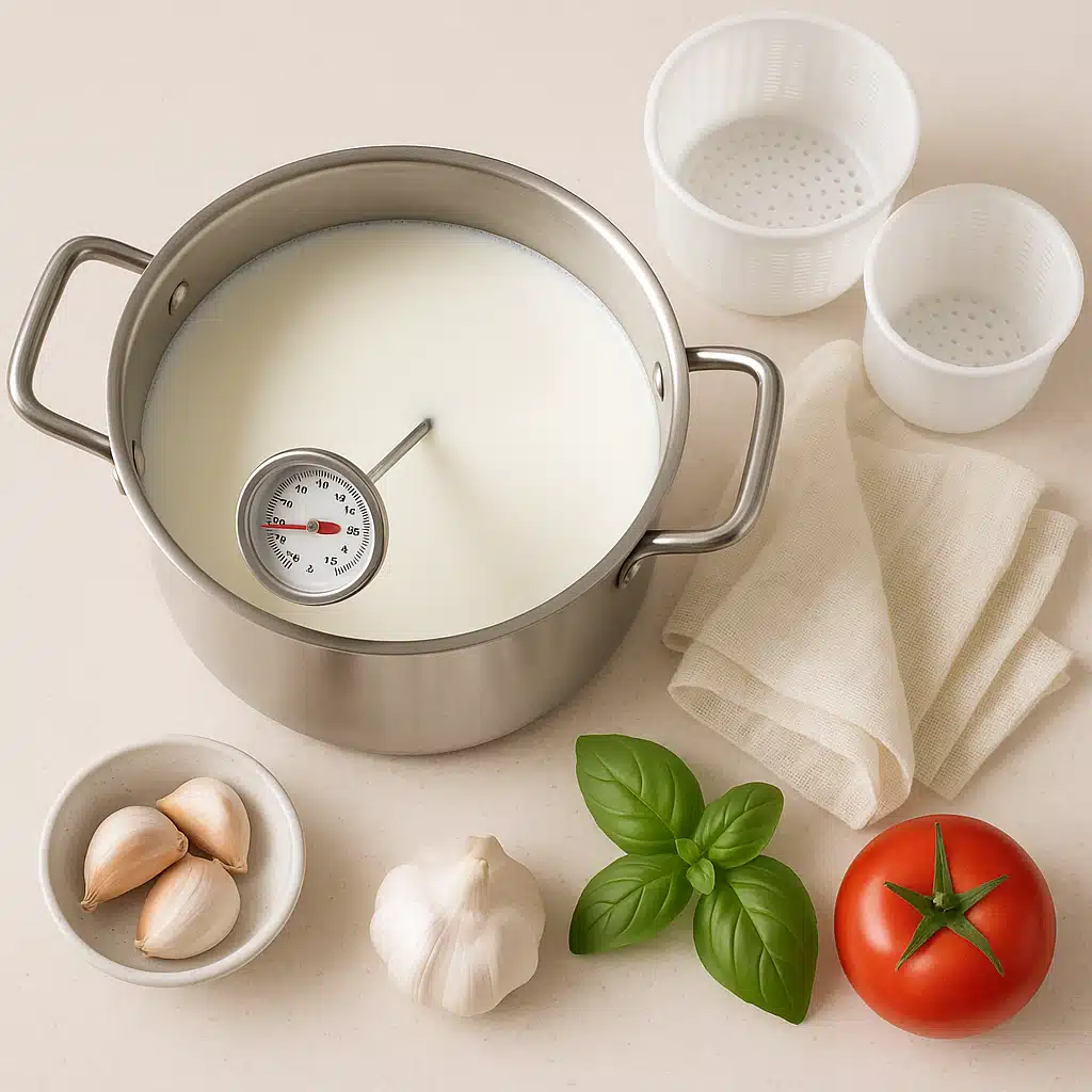 Overhead view of home cheesemaking setup with stainless steel pot, thermometer, molds, cheesecloth, and fresh ingredients arranged on a clean kitchen counter, bright and inviting atmosphere