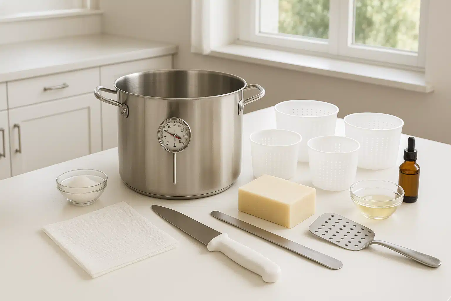 Clean organized cheese making workspace with stainless steel pot, thermometer, cheese molds, cutting tools and ingredients laid out on white countertop, bright natural lighting, professional home kitchen setting