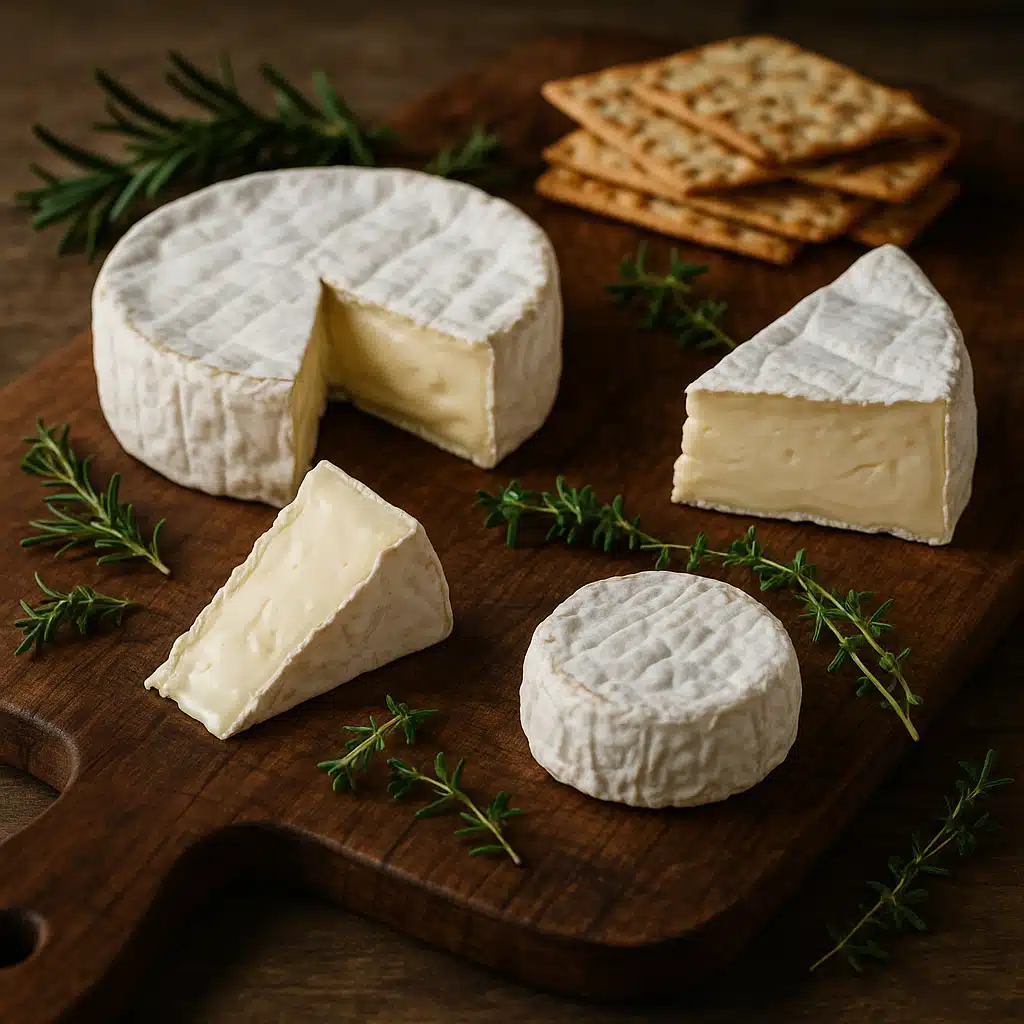 Elegant cheese display featuring soft-ripened white cheeses with bloomed rinds on a rustic wooden board, natural lighting, artisanal presentation with fresh herbs and crackers