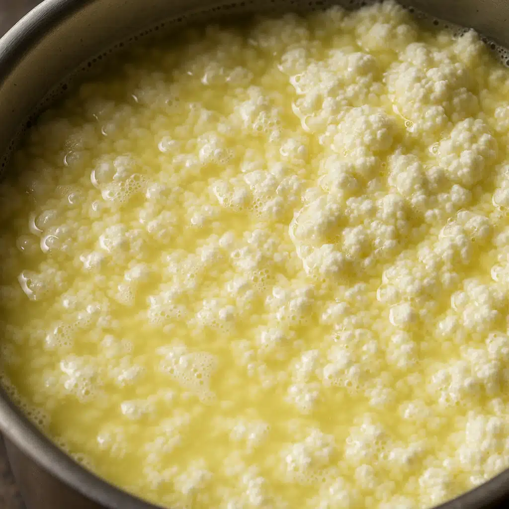 Milk curdling process showing separation of white curds and clear whey in pot, close-up detailed view of cheese making chemistry