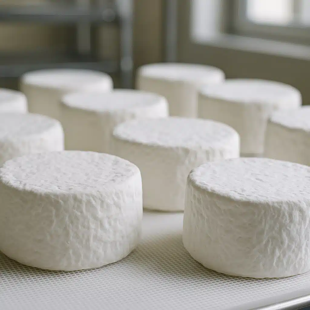 Close-up view of artisan soft white cheese wheels showing pristine white bloomy rind surface, professional cheesemaking environment, natural lighting, high-quality food photography