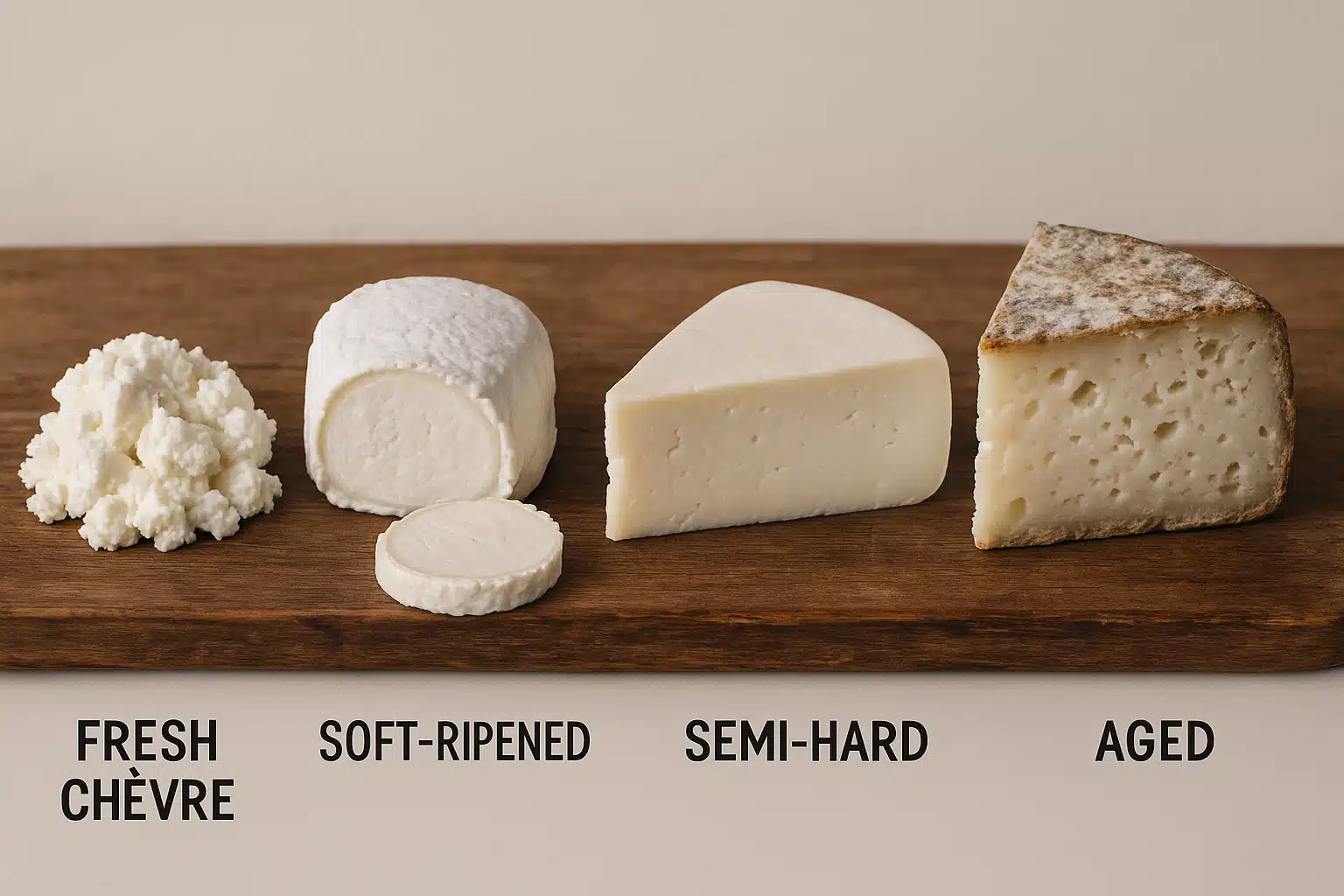 Side-by-side comparison of various goat cheese styles from fresh soft chèvre to aged firm varieties, arranged on a rustic wooden board with labels, educational food photography