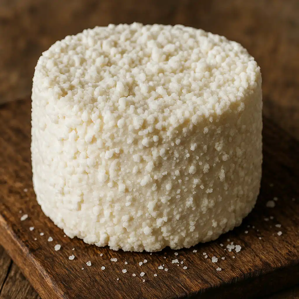 Close-up of crumbly white aged ricotta salata cheese wheel with salt crystals on rustic wooden board, natural lighting, artisanal food photography style