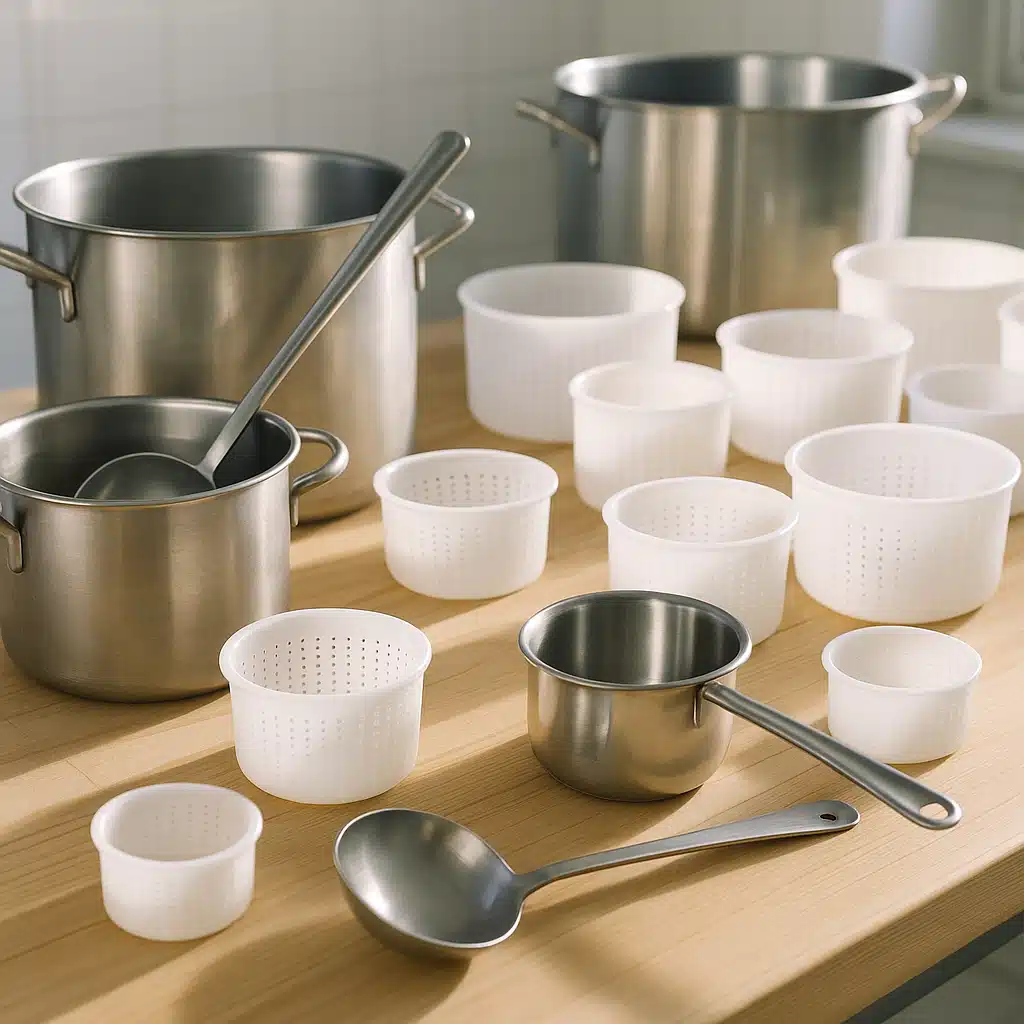 Close-up view of various cheesemaking equipment including stainless steel pots, ladles, and cheese molds arranged on a clean wooden work surface, bright natural lighting, professional food production environment