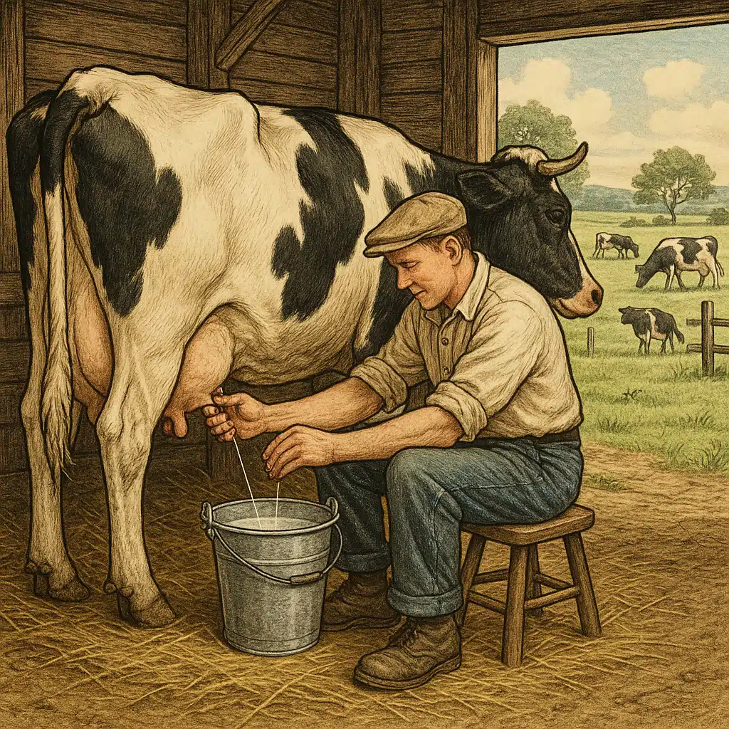 Small-scale dairy farm with traditional milking setup, farmer demonstrating clean and careful milking practices, pastoral countryside setting with cows grazing in background