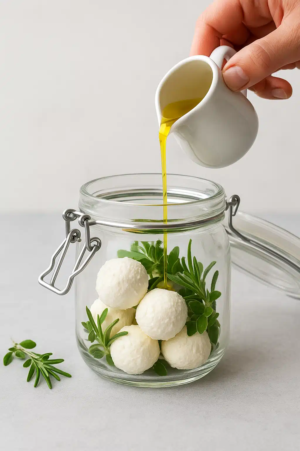 Glass jar being filled with white goat cheese balls and fresh herbs, olive oil being poured from a small pitcher, step-by-step preparation photography, clean and instructional style