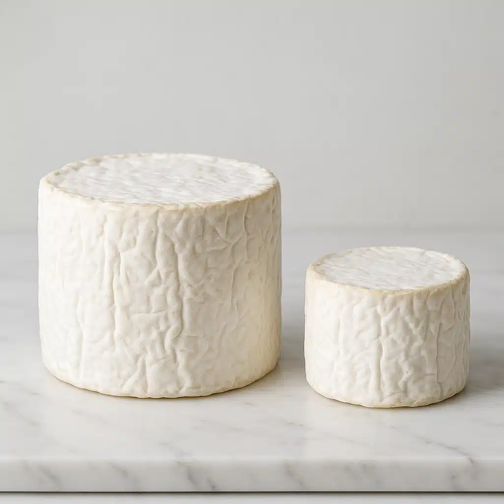 Comparative size display of round soft cheeses showing large and small wheels side by side on marble surface, professional food photography, clean background highlighting size differences