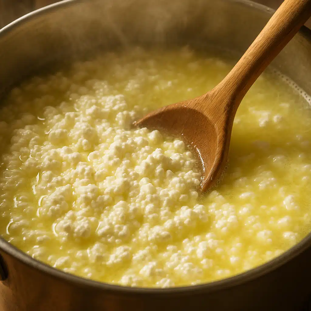 Close-up of white cheese curds separating from yellow-green whey in stainless steel pot, being stirred with wooden spoon, steam rising, detailed texture visible, warm lighting